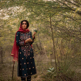 Morbagh Teal Embroidered Yoke Kurta, Pants And Kurta