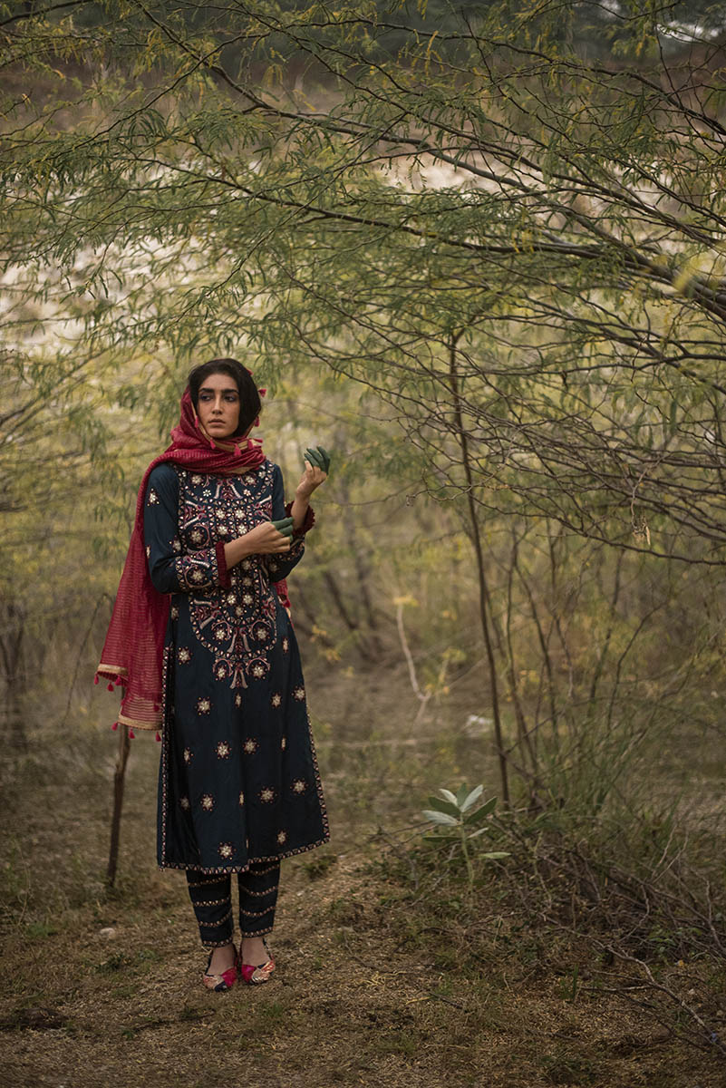 Morbagh Teal Embroidered Yoke Kurta, Pants And Kurta