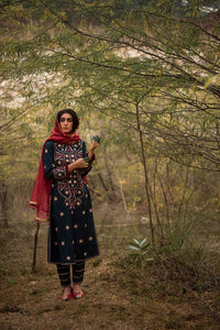 Morbagh Teal Embroidered Yoke Kurta, Pants And Kurta