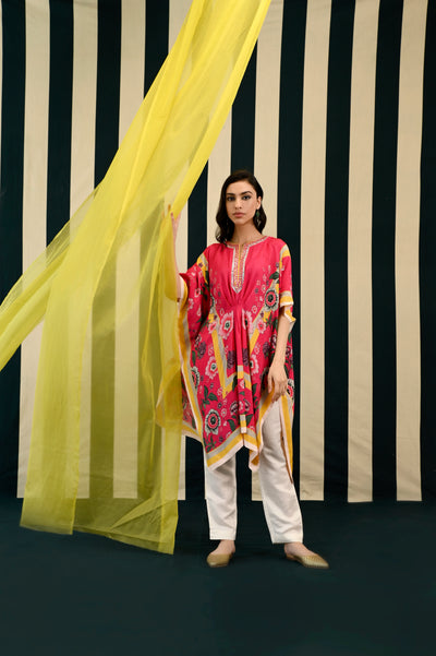 Mirror Work with Rani Pink Printed Short Kaftan Set