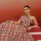 Paisley Printed Embroidered One Shoulder Dress