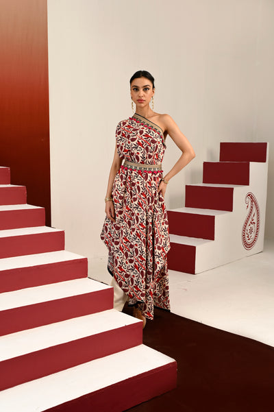 Paisley Printed Embroidered One Shoulder Dress