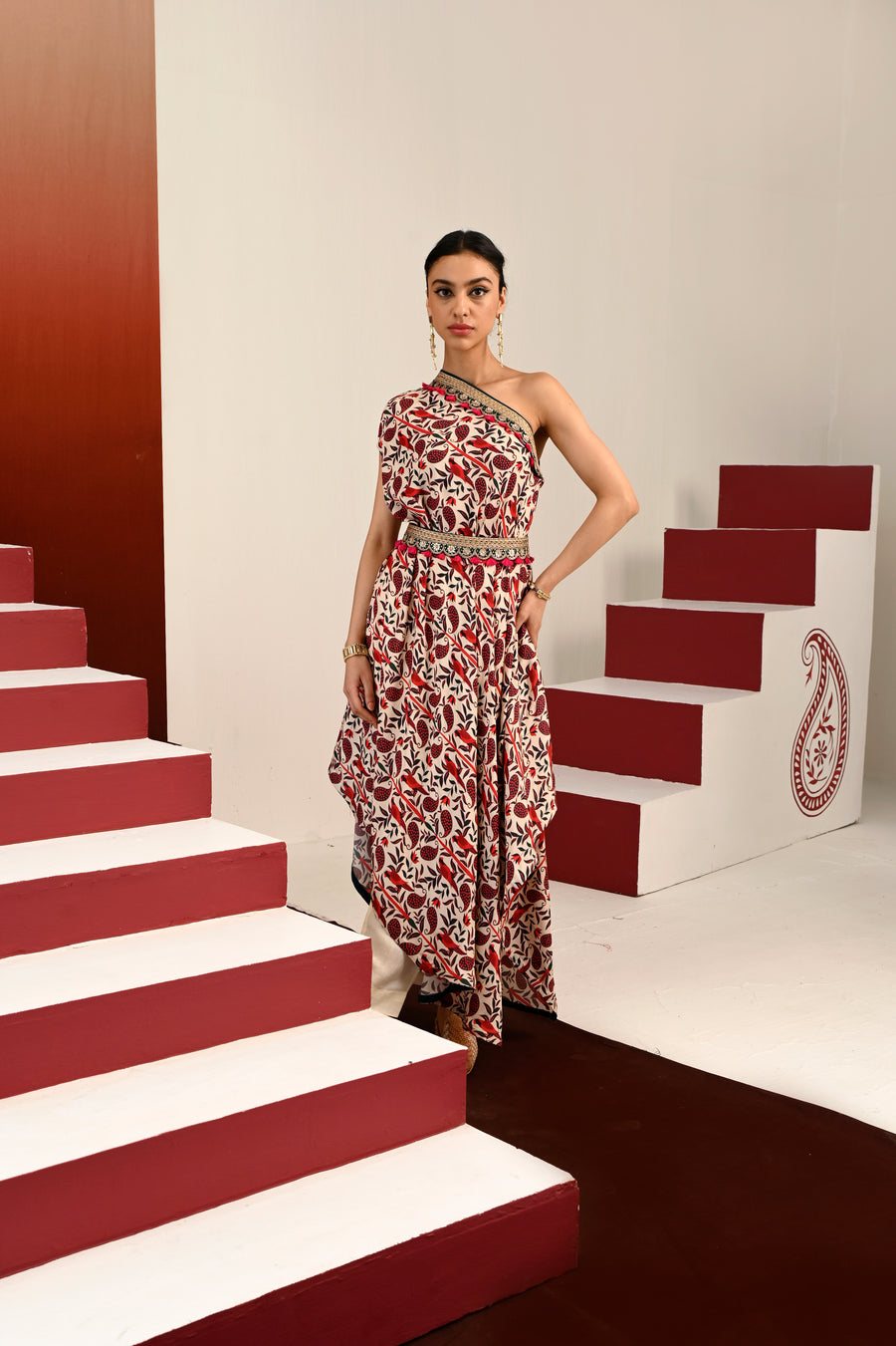 Paisley Printed Embroidered One Shoulder Dress