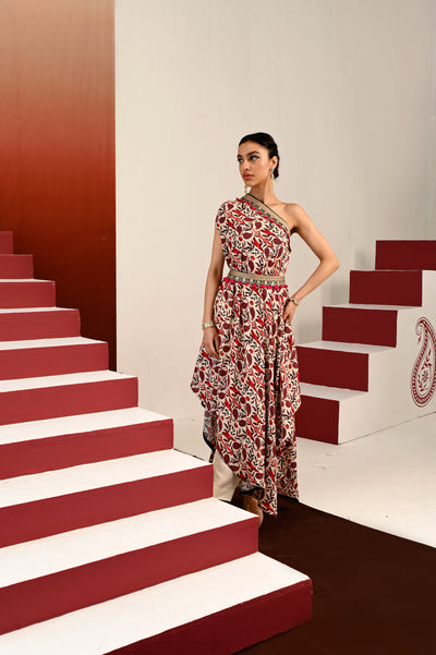 Paisley Printed Embroidered One Shoulder Dress