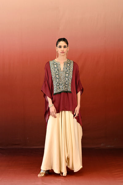 Paisley Printed Embroidered Short Kaftan with Draped Skirt Set