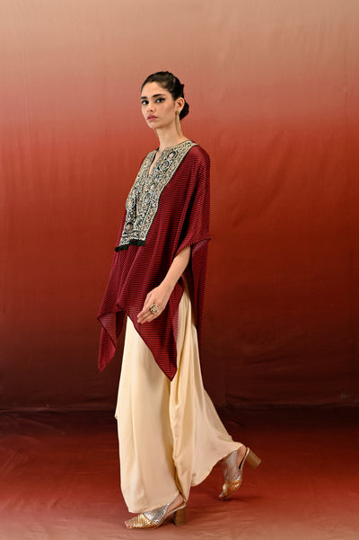 Paisley Printed Embroidered Short Kaftan with Draped Skirt Set