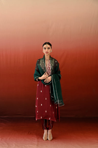 Paisley Printed Embroidered Maroon Kurta Set