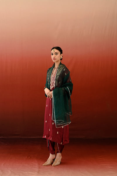Paisley Printed Embroidered Maroon Kurta Set