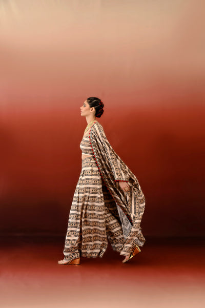 Paisley Printed Embroidered Pleated Pants with Cape Set