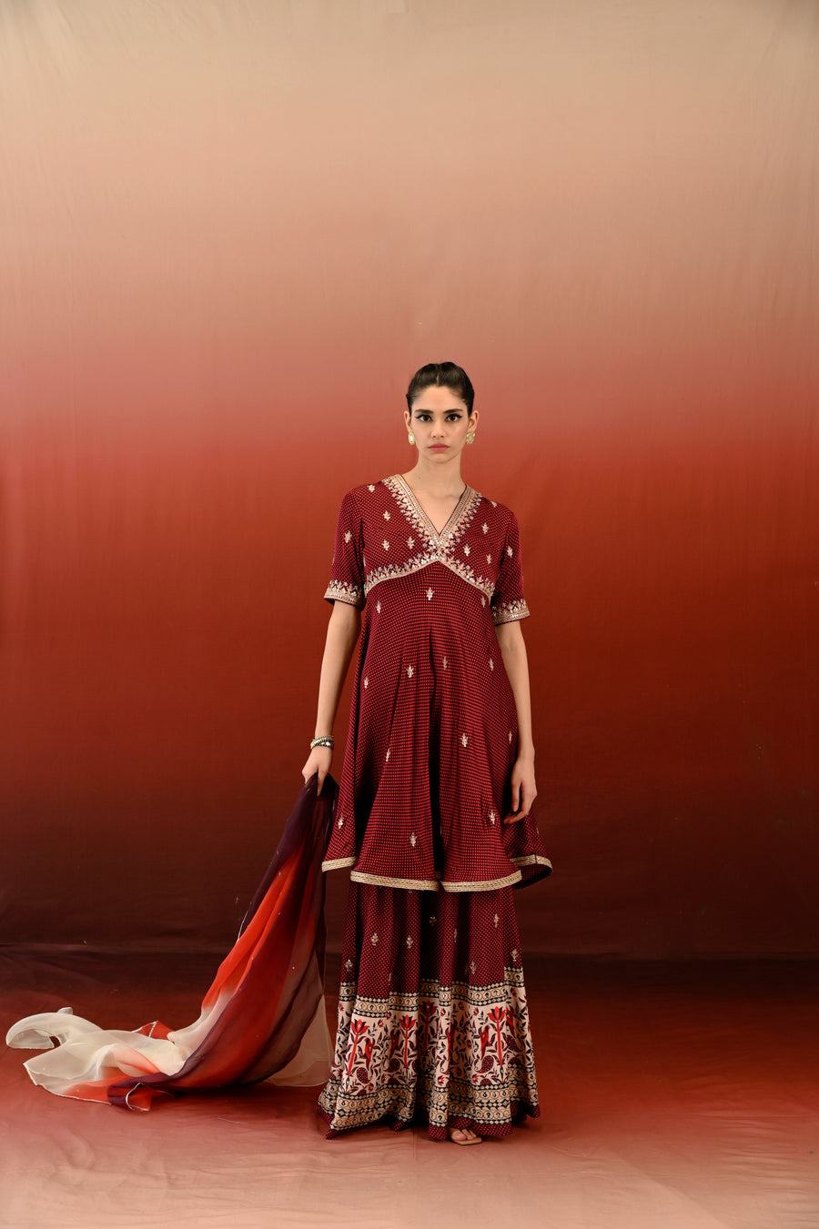 Paisley Printed Embroidered Raat Rani Sharara Set