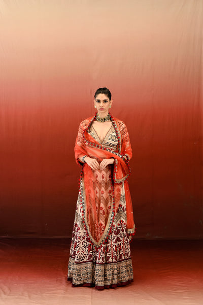 A woman standing in a red background, wearing a traditional Paisley Lehenga Set with a V-neck blouse and a dupatta.