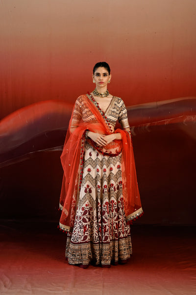 Coral Floral Paisley Printed Embroidered Lehenga Set
