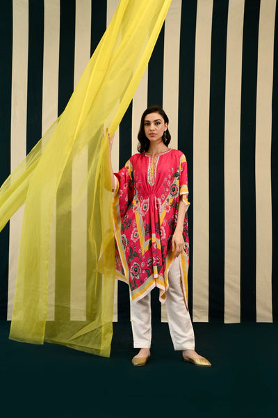 Mirror Work with Rani Pink Printed Short Kaftan Set