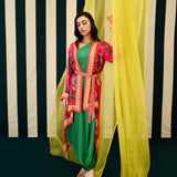 Rani Pink Placement Printed Cape with one Shoulder Emerald Green Dress