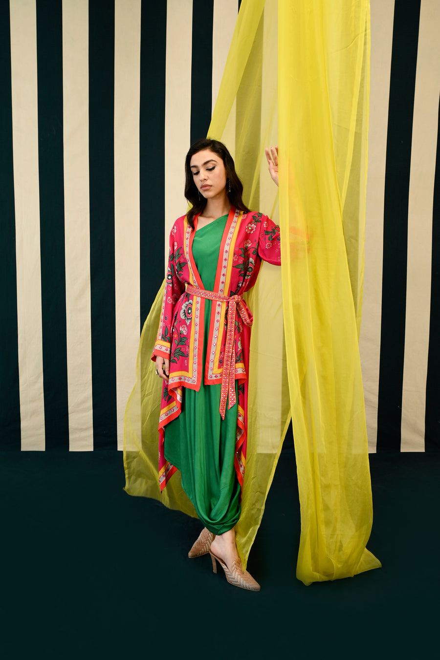 Rani Pink Placement Printed Cape with one Shoulder Emerald Green Dress