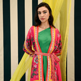 Rani Pink Placement Printed Cape with one Shoulder Emerald Green Dress