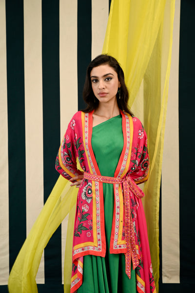 Rani Pink Placement Printed Cape with one Shoulder Emerald Green Dress