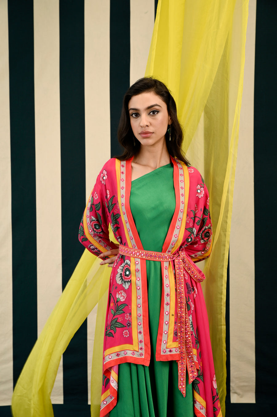 Rani Pink Placement Printed Cape with one Shoulder Emerald Green Dress