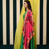 Rani Pink Placement Printed Cape with one Shoulder Emerald Green Dress