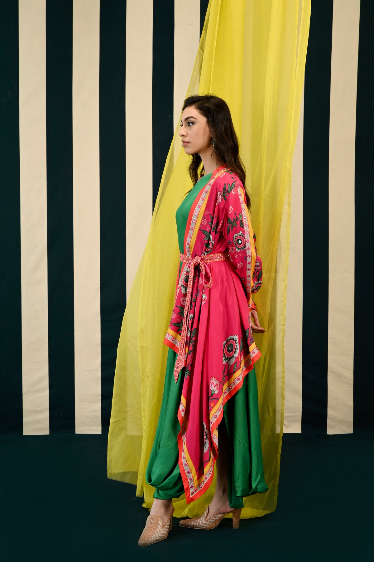 Rani Pink Placement Printed Cape with one Shoulder Emerald Green Dress