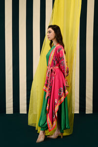 Rani Pink Placement Printed Cape with one Shoulder Emerald Green Dress