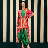 Rani Pink Placement Printed Cape with one Shoulder Emerald Green Dress