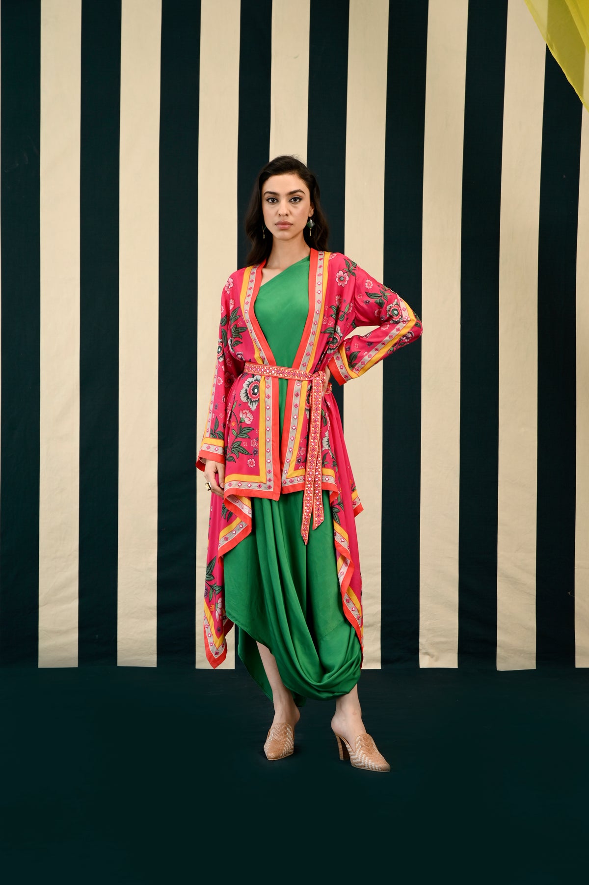 Rani Pink Placement Printed Cape with one Shoulder Emerald Green Dress