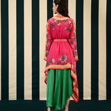 Rani Pink Placement Printed Cape with one Shoulder Emerald Green Dress