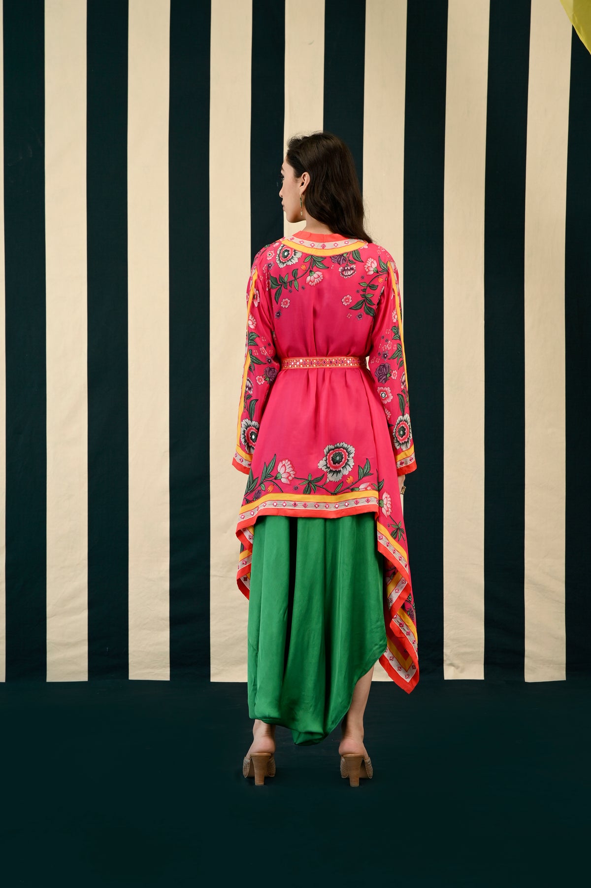 Rani Pink Placement Printed Cape with one Shoulder Emerald Green Dress