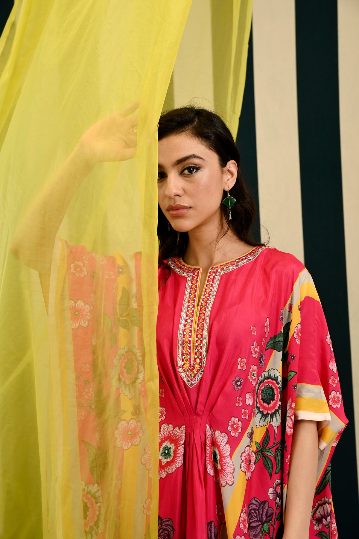 Mirror Work with Rani Pink Printed Short Kaftan Set