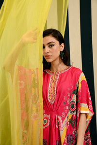 Mirror Work with Rani Pink Printed Short Kaftan Set