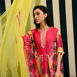 Mirror Work with Rani Pink Printed Short Kaftan Set