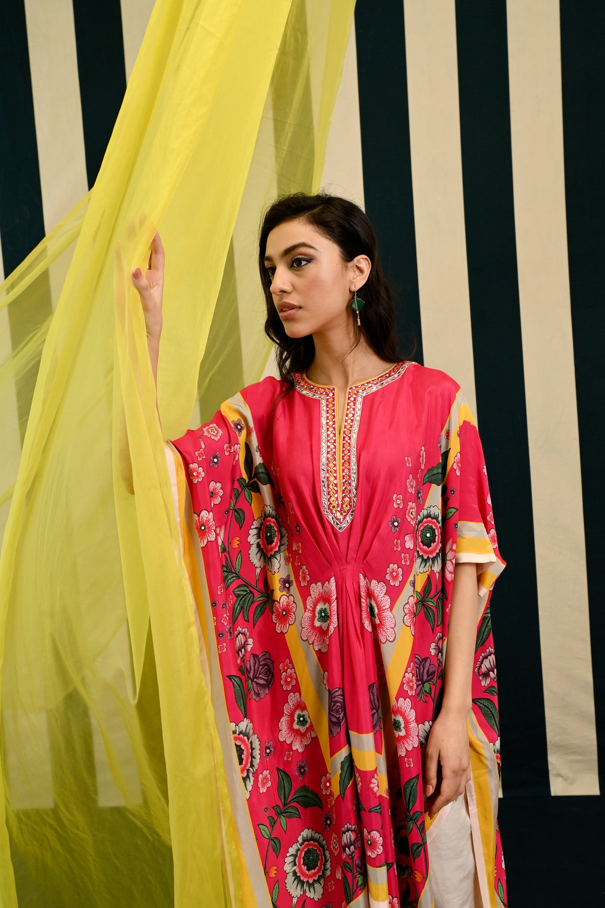 Mirror Work with Rani Pink Printed Short Kaftan Set