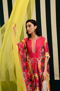 Mirror Work with Rani Pink Printed Short Kaftan Set