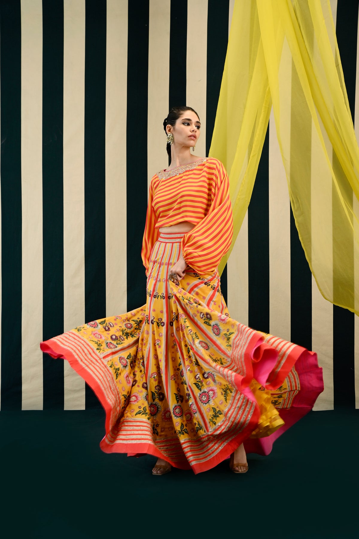 Yellow Orange Printed Embroidered Lehenga with Balloon Top