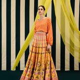 Yellow Orange Printed Embroidered Lehenga with Balloon Top