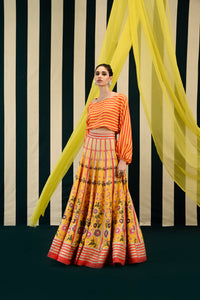 Yellow Orange Printed Embroidered Lehenga with Balloon Top