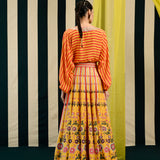 Yellow Orange Printed Embroidered Lehenga with Balloon Top