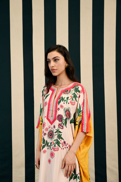 Ivory Yellow Printed Kaftan with Mirror Work