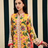 Yellow Orange Printed Kurta Set with Mirror Work
