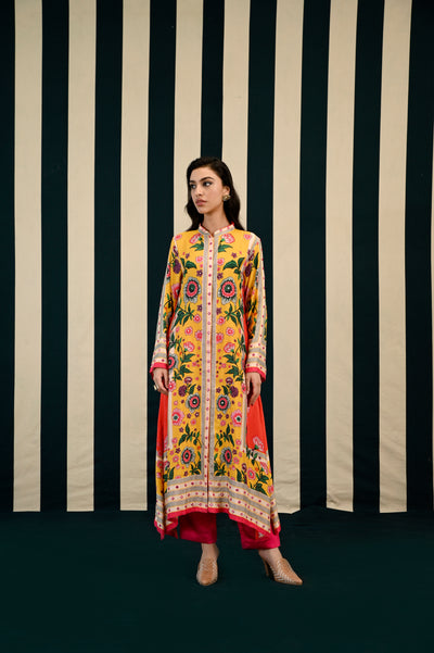 Yellow Orange Printed Kurta Set with Mirror Work