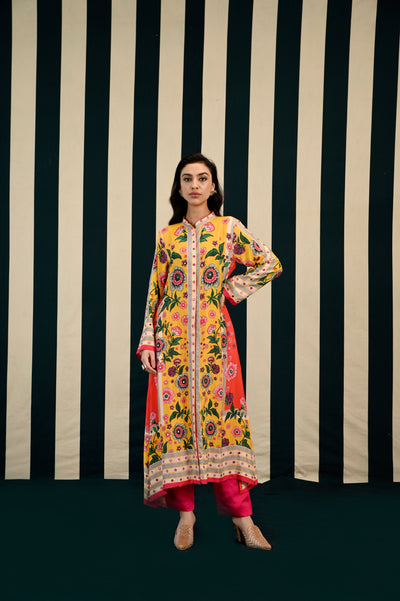 Yellow Orange Printed Kurta Set with Mirror Work