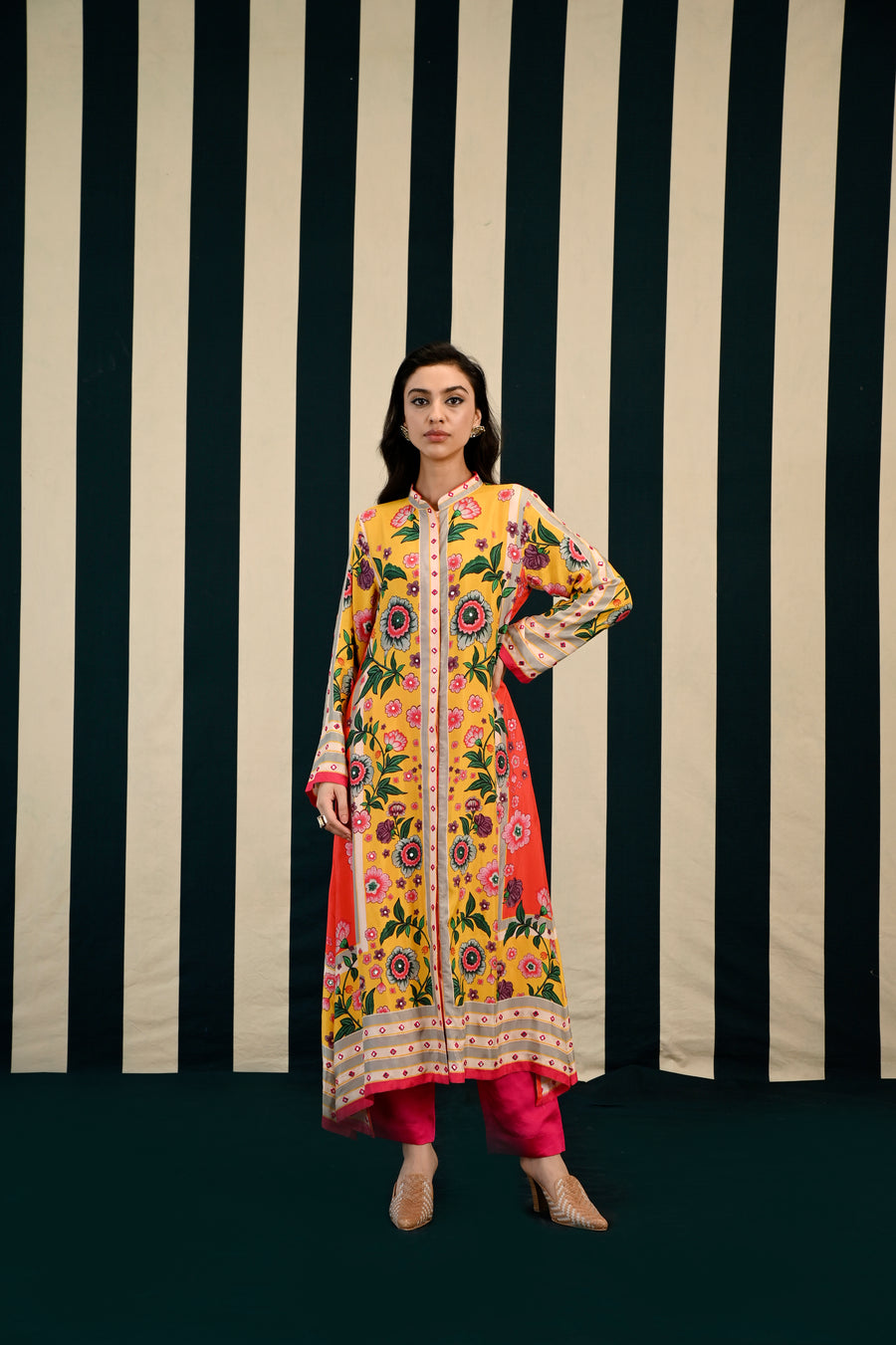 Yellow Orange Printed Kurta Set with Mirror Work