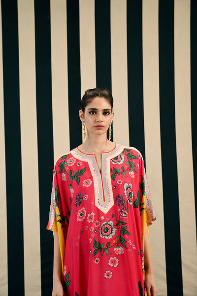 Fuchsia Printed Kaftan with Mirror Work