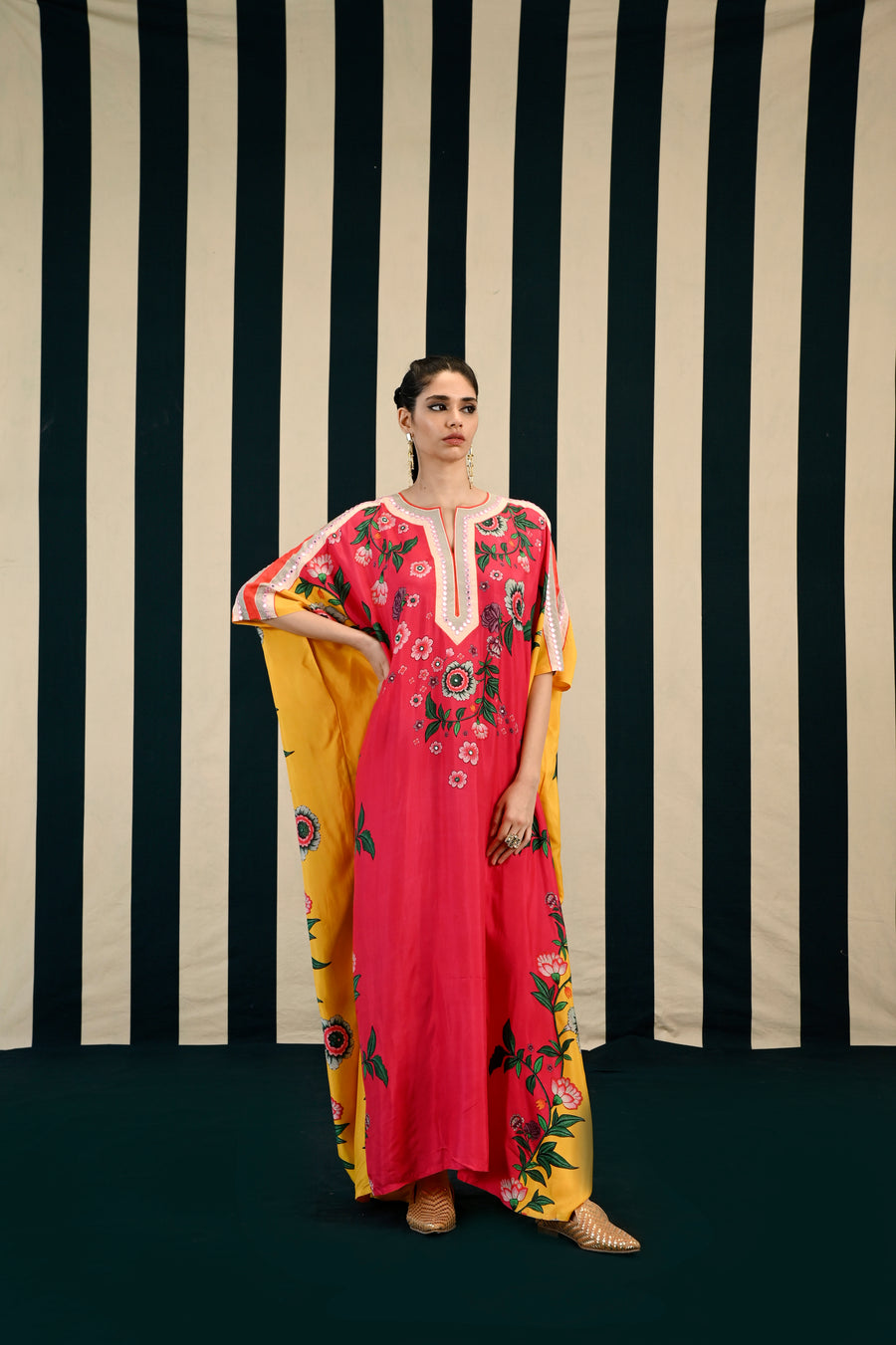 Fuchsia Printed Kaftan with Mirror Work