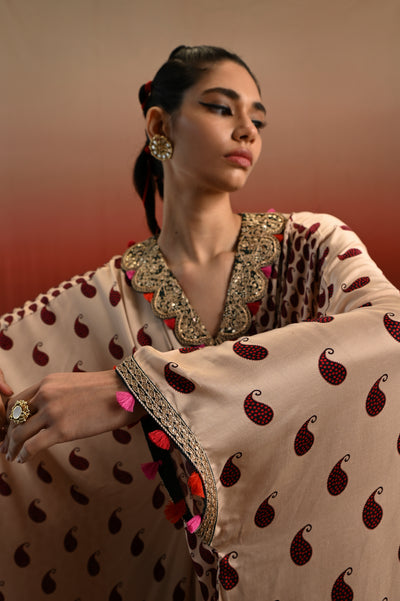 Veda Printed Embroidered Kaftan with Embroidered Collar