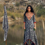 Kamal Navy Skirt Pant With Embroidered Top