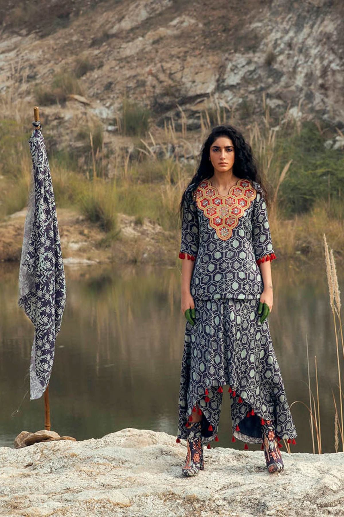 Kamal Navy Skirt Pant With Embroidered Top