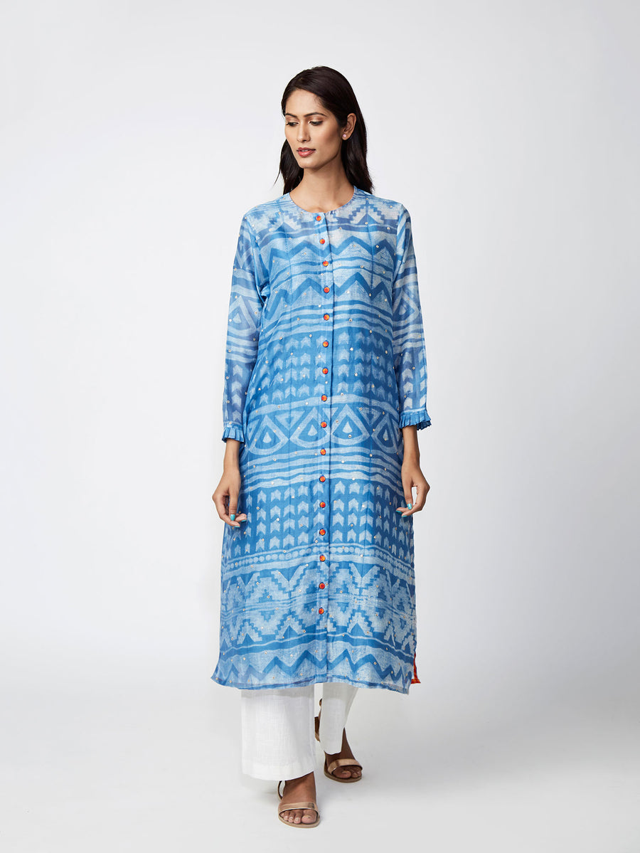 Azure Tribal Shibori Chanderi Kurta