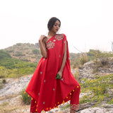 Morbagh Red Embroidered One Shoulder Cape With Pants